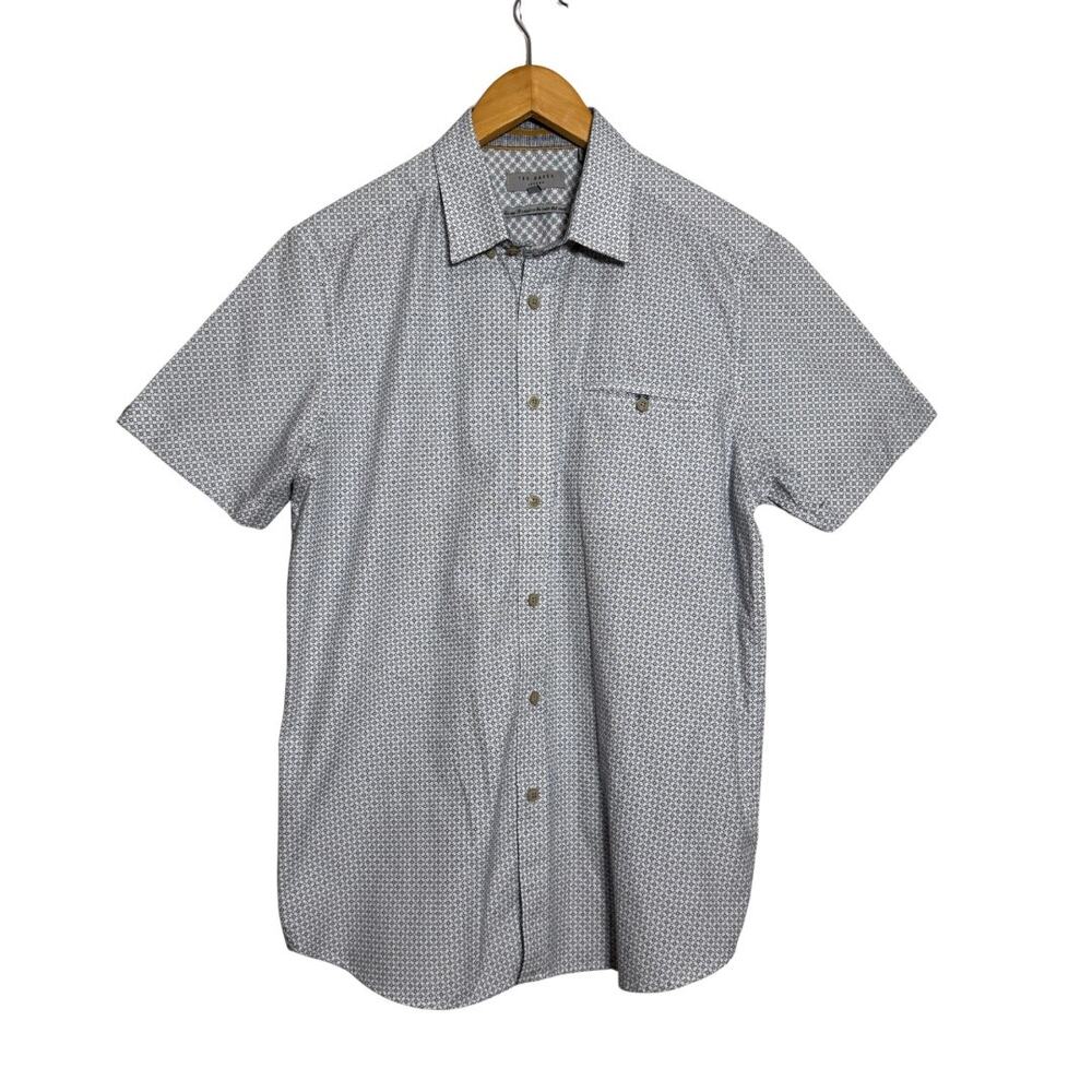 Ted Baker Men's Short Sleeve Button Down Shirt Size 4 Blue Geometric Print